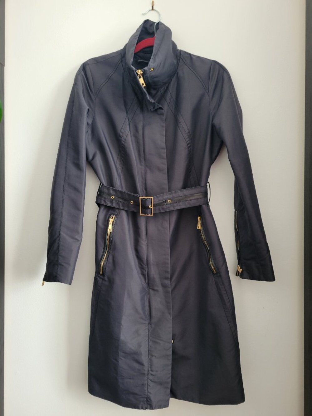 Andrew Marc Black Belted Trench Coat Gold Zippers Leather Trim Size M